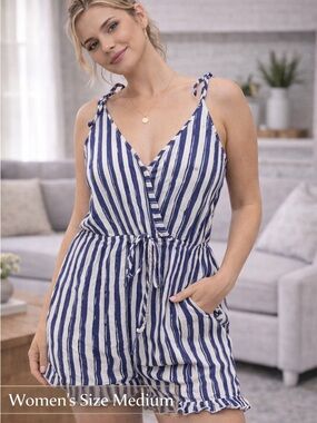 GO COCO Striped Blue & White Tie-Waist Romper MEDIUM PIT TO PIT 16in length 28in